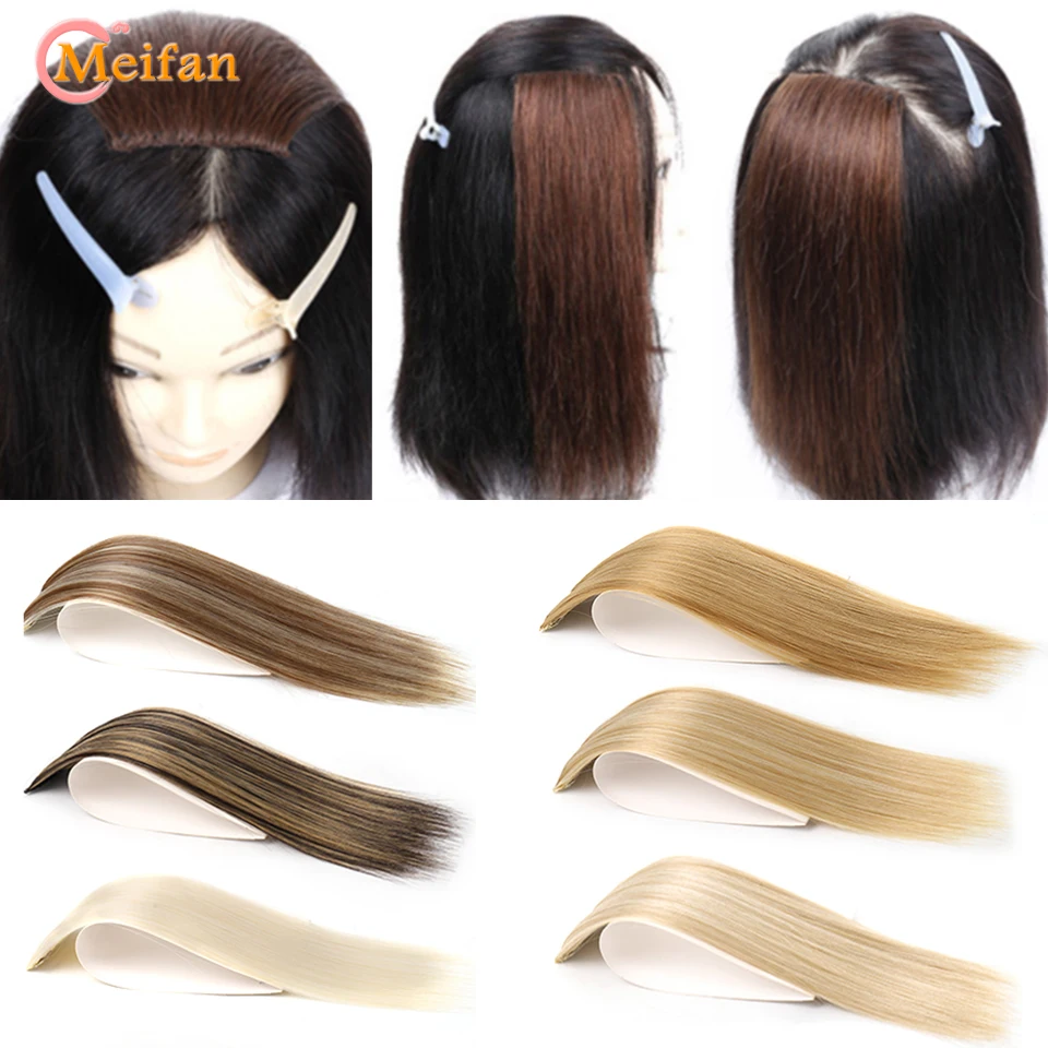 MEIFAN Synthetic Short Straight Patch Hair Pieces Invisible Clip in Hair Extension Fluff Natural Fake Pad Hight Hairpieces