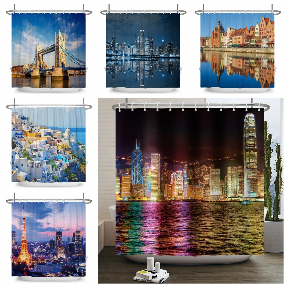 New York Brooklyn Bridge Night View Shower Curtains London City Natural Scenery Modern Home Decor Hooks Bathroom Curtain Set