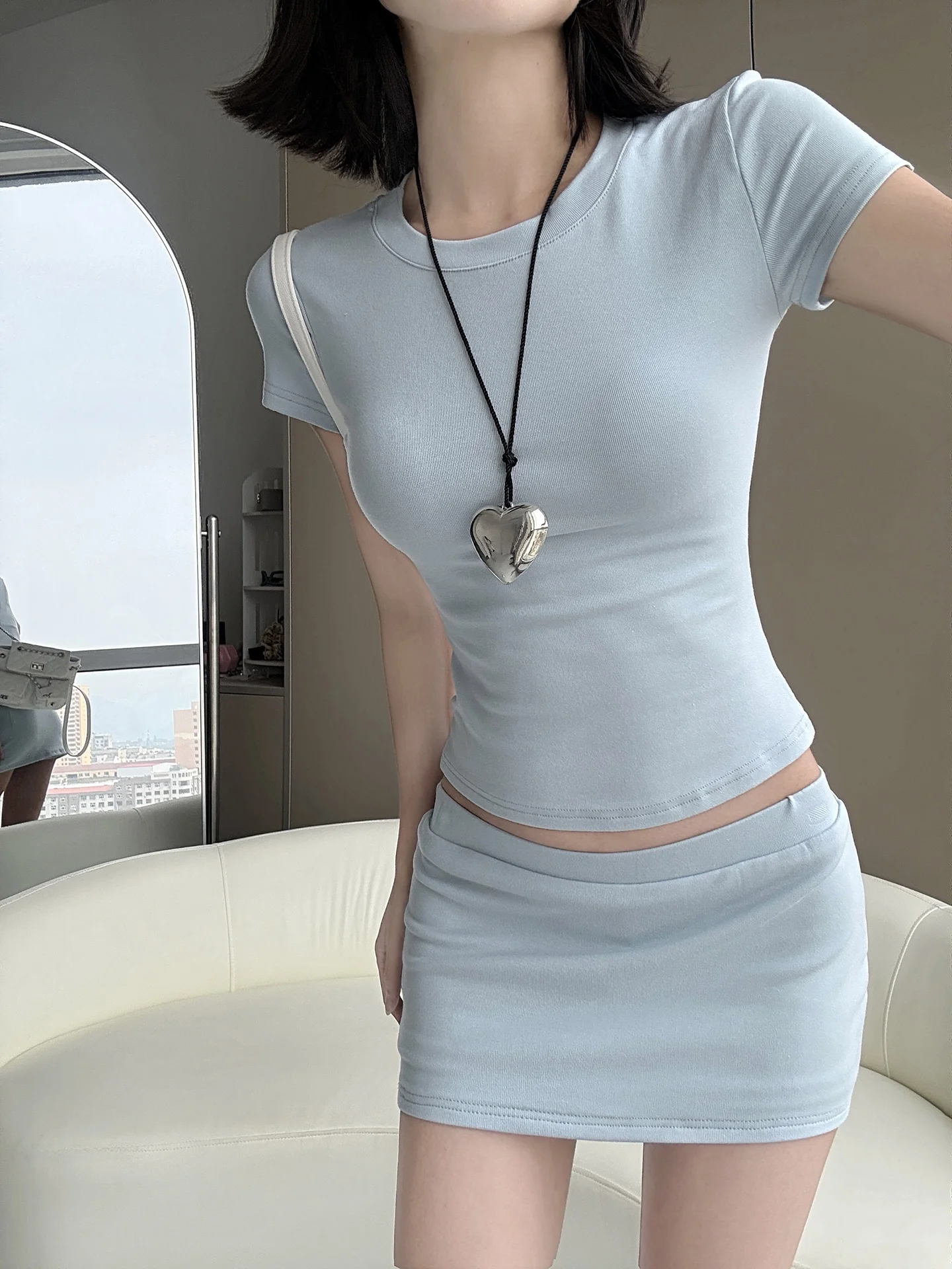 American Style Spicy Girl Low Waist Modal Short Skirt Set Women's Summer Casual round Neck Short Sleeve T-Shirt Ensemble