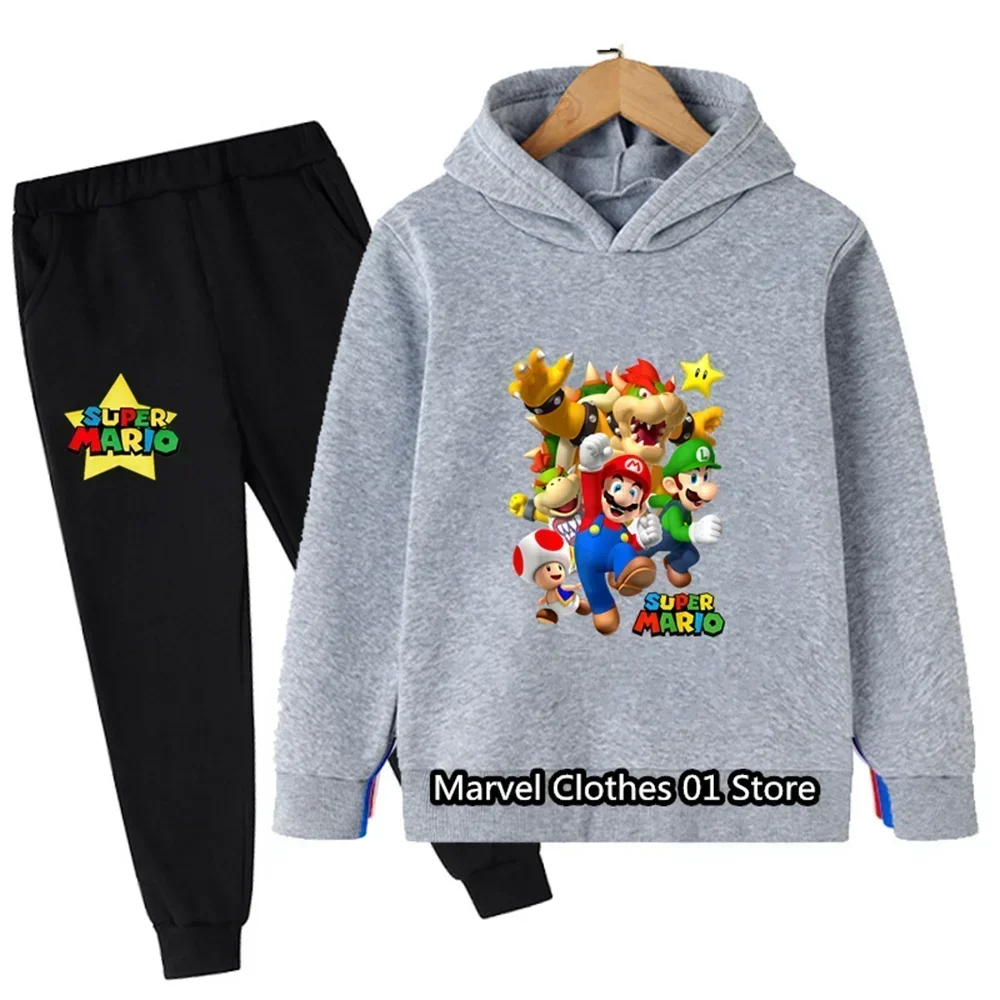 2PCS Set Super Marios Clothes Kids Autumn Hooded Boys Summer T-shirt Girl Tracksuit Sportswear Hoodies and Pant Birthday Gift