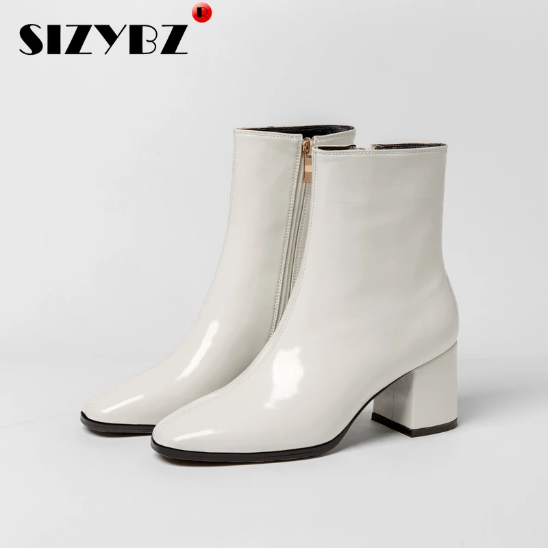 Pu Soft Leather Ankle Boots Women Winter Warm Fashion Zipper Square Heel Women Boots Elegant Comfort High Heels Boots Big Size42