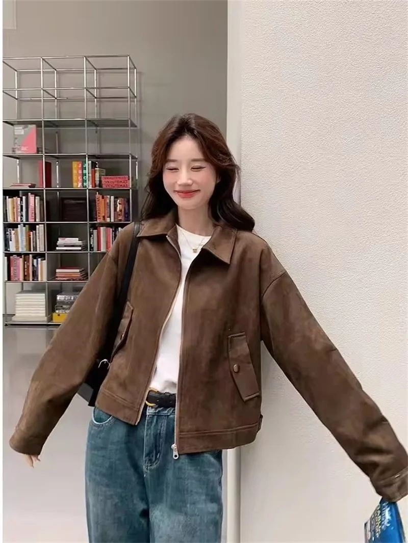 

Retro Korean Cropped Suede Jacket Women's Spring Fall Long Sleeve Zip Casual Brown Vintage Outerwear Female