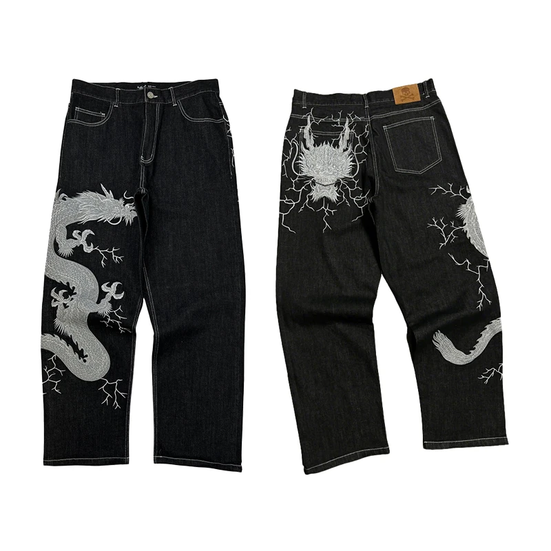

Y2K хип-хоп модные джинсы белая молния дракон узор вышивка свободные джинсы трендовые мужчины женщины винтажная уличная одежда высокого качества