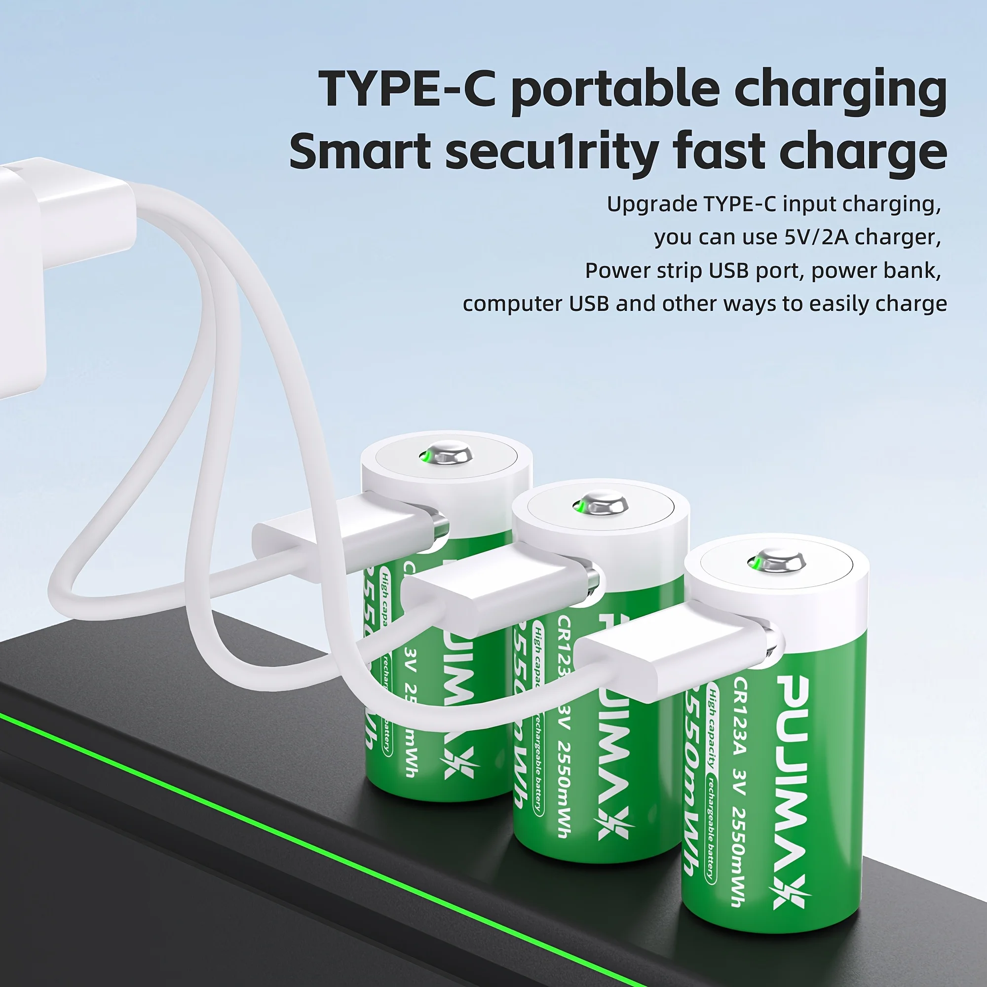 PUJIMAX CR123A Batteries With USB-C Fast Charging Cable-High Capacity 2550mWh Li-ion Polymer Cells For Flashlights Cameras