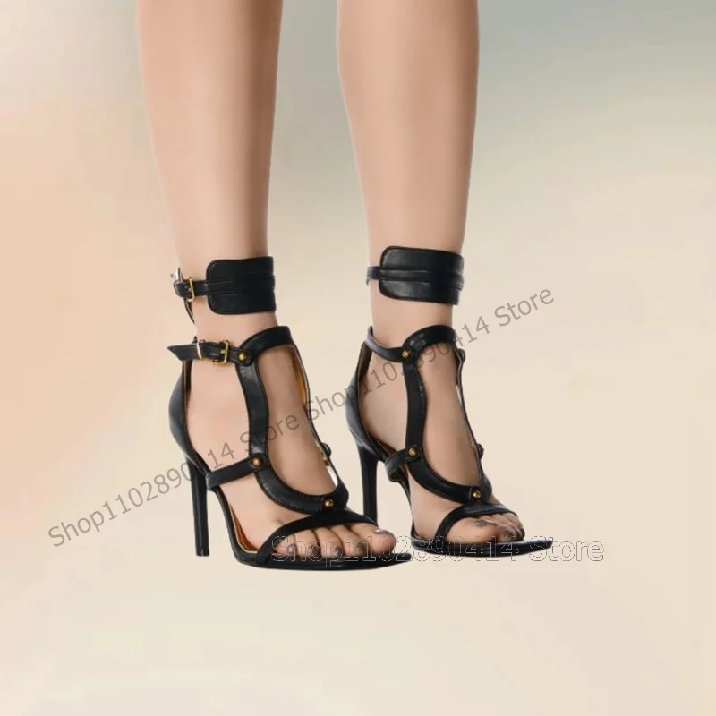 

Black Hollow Design Metal Decor Sandals Ankle Buckle Strap Women Shoes Thin High Heels Open Toe Party 2024 Zapatos Para Mujere