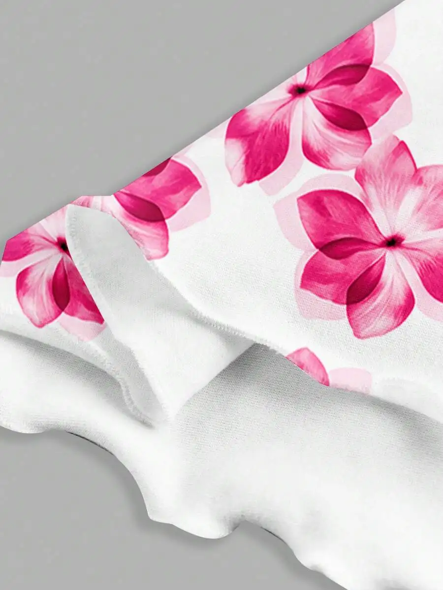Women's Casual Floral Print Knit Mini Dress, Crisscross Thin Straps, Lettuce Hem Detail, Stylish Going-Out Style view 4