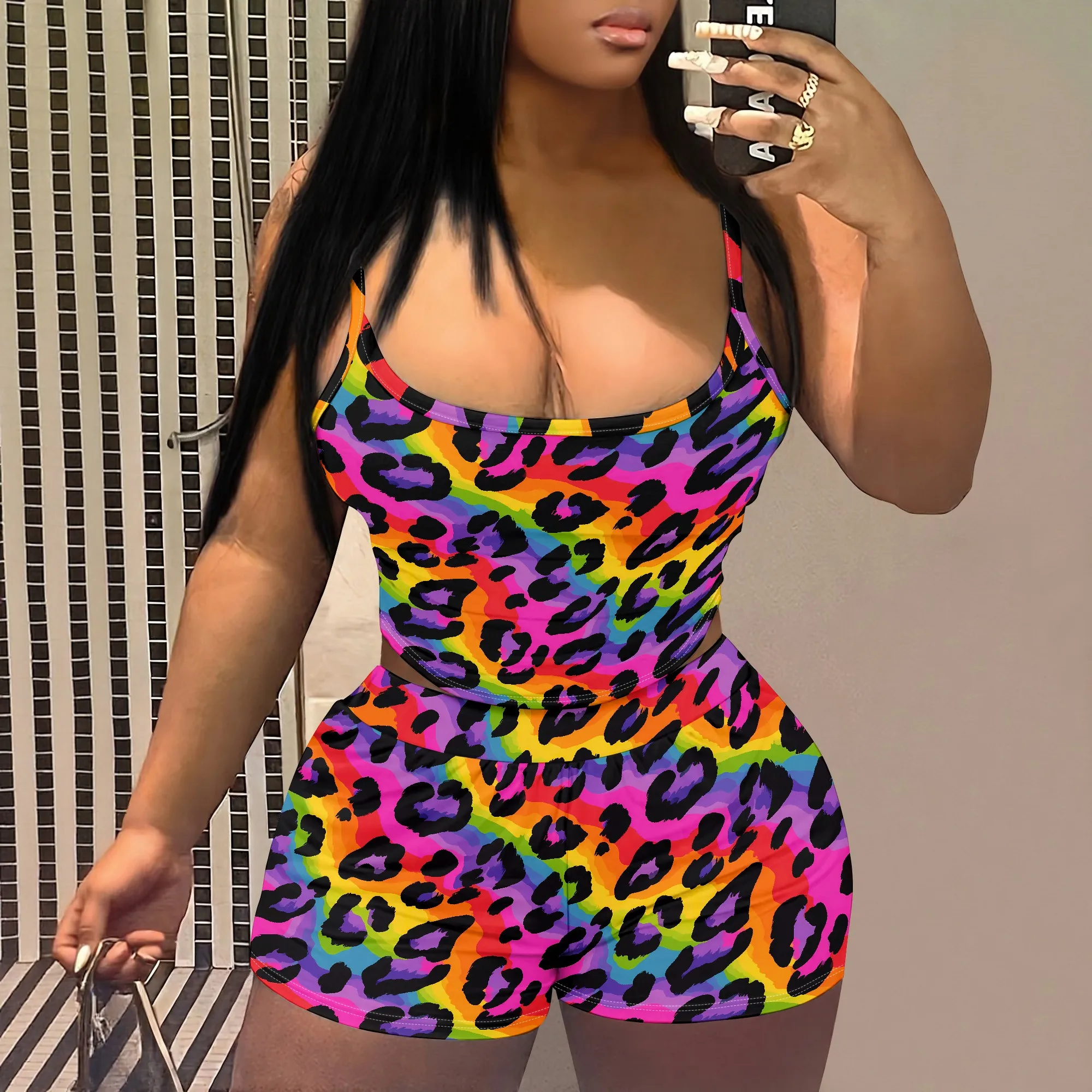 Rainbow Leopard Print, Women's Tank Top And Shorts Set, Colorful Animal Pattern Loungewear, Summer Beach Outfit, S-2XL