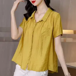 2024 Summer Women's Stylish Solid Button Up Shirt Elegant Short Sleeve Cotton Linen Blouse Female Casual Loose Irregular Tops