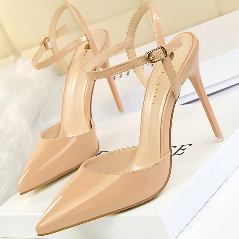 2023 Summer Sexy Women 10.5cm High Heels Strap Sandals Patent Leather Stiletto Heels Blue Sandals Party Pumps Wedding Prom Shoes