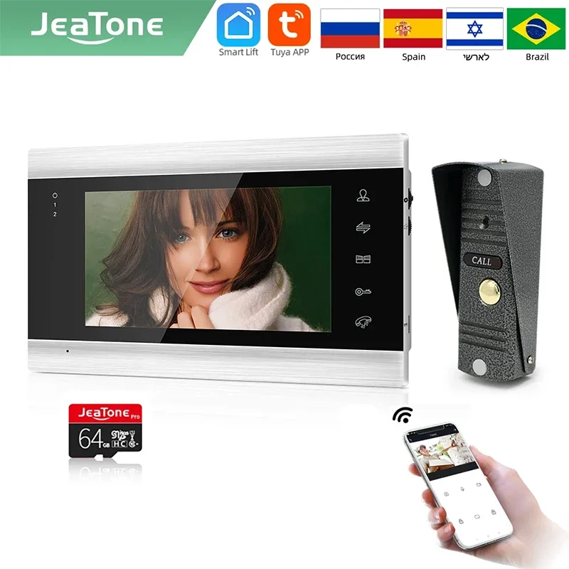 Jeatone kit kamera pintu interkom ponsel Video, kit kamera mata pintu pintar WiFi nirkabel, sistem kontrol rumah akses jarak jauh, bel pintu 7 inci