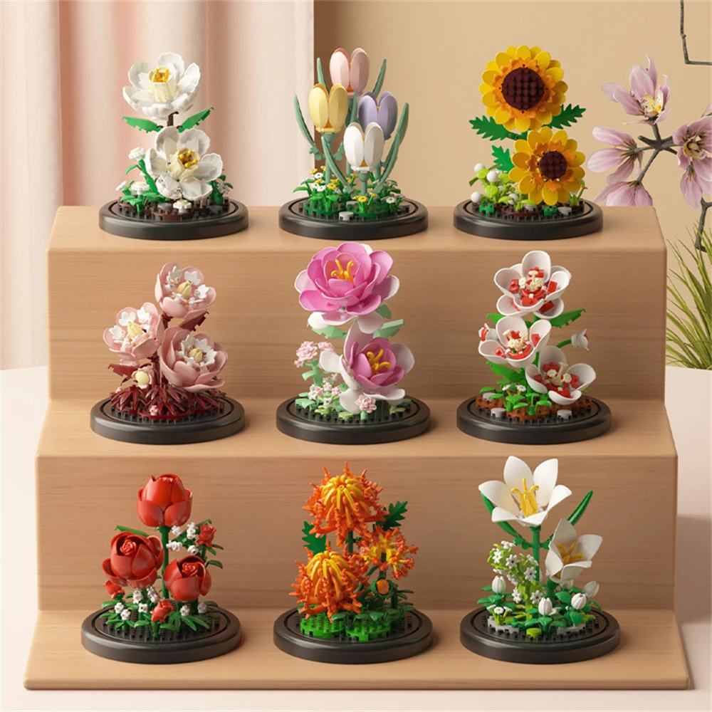 Potted Plant Micro Building Blocks Simulation Lily Rose Flower Assembling Brick Model Kids Toys Home Decoration Collection Gift