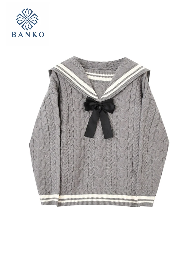 Preppy Style Sailor Collar Sweater Pullover Office Lady Simple Knitwear Jumper Casual Thick Warm Baggy Oversized Autumn Winter