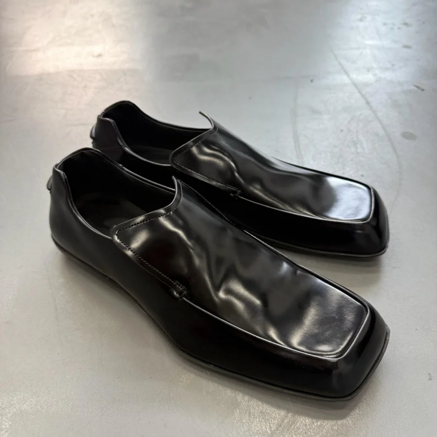 Retro Square Toe Shiny Loafers Black Leather Casual Business Handmade Stitching Old Money Slip On Shoes Plus Size 36-45