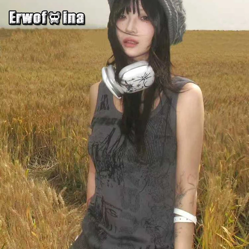 

Erwofeina Hotsweet Tank Top Graphic Vest Skinny Grey O-neck Sleeveless 2000s Clothes Y2k Woman Clothing Korean Fashion Chic Top