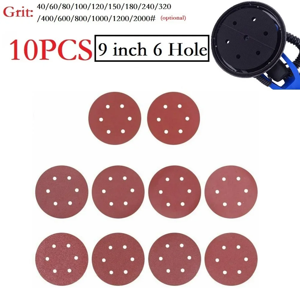 10pcs 9inch Sandpaper 225mm 6 Hole Disk Sand Sheets Grit40-2000 Sanding Paper Sanding Disc Abrasive Grinding Polishing Tools