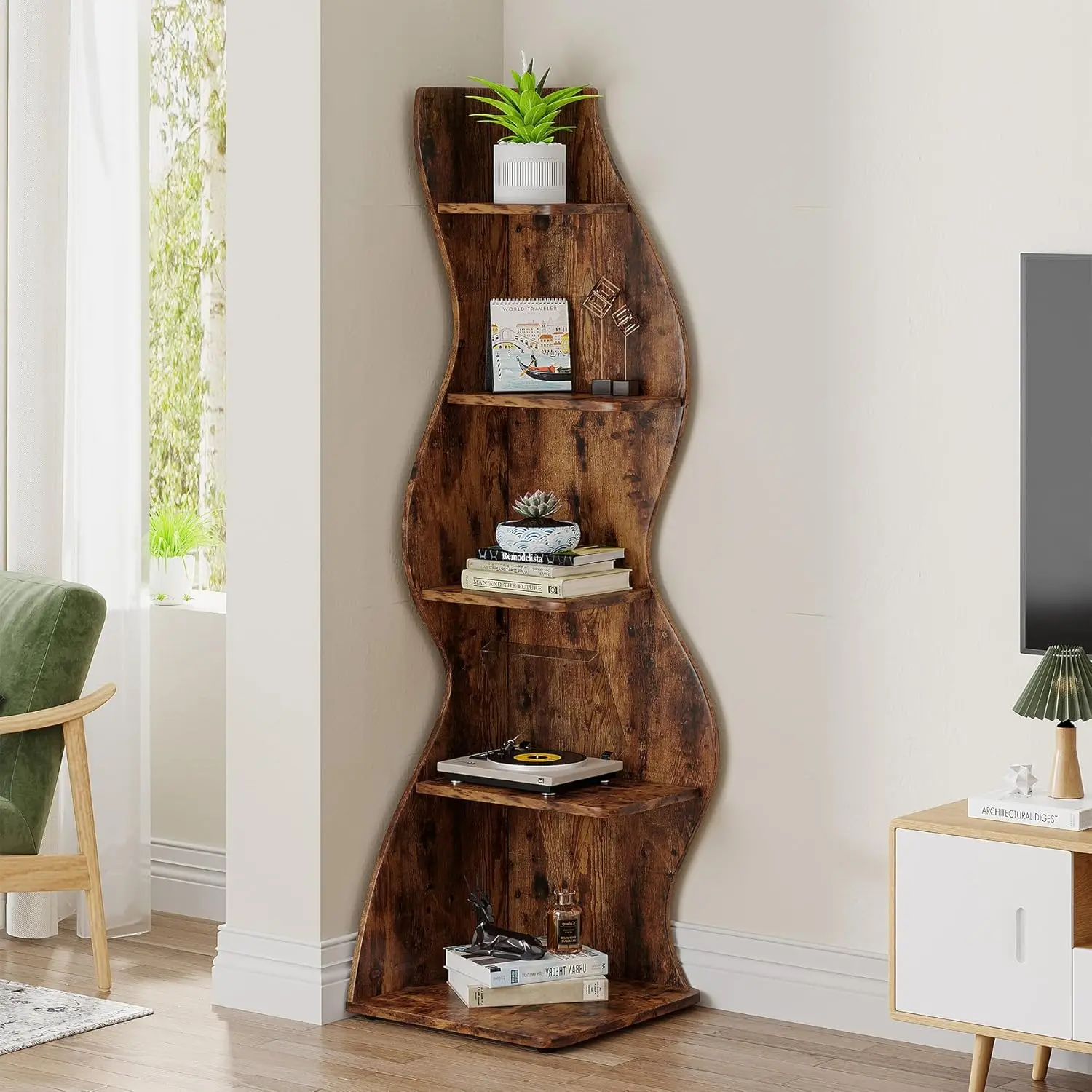 Corner Shelf, Rustic 5-Tier Wall Corner Bookshelf, Stylish Corner Small Bookcase Storage Ra Plant Stand With Unique Shape For