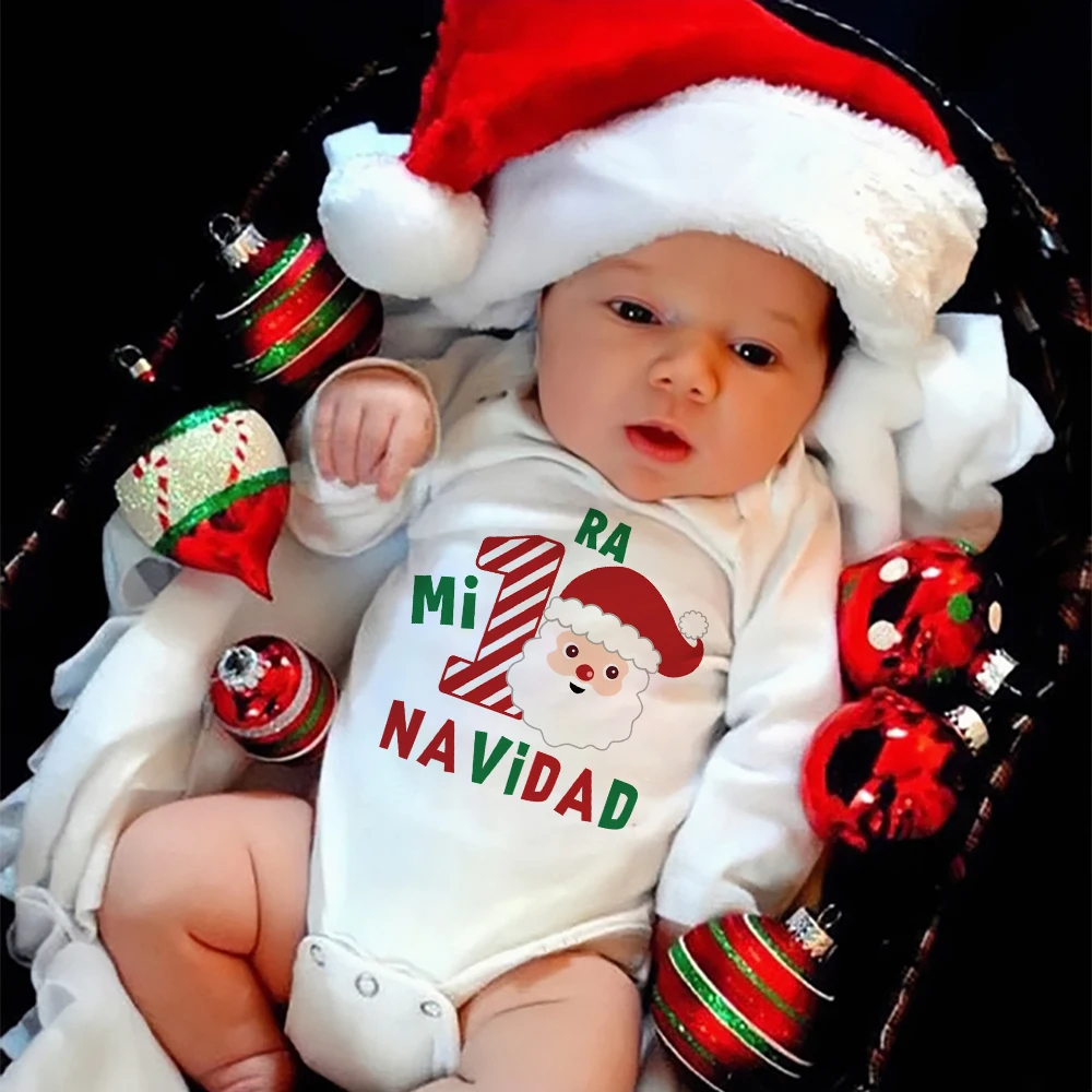 My First Christmas Spanish Printed  Baby Bodysuit Newborn Long Sleeve Romper Infant Holiday Xmas Outfit Toddler Baptism Clothes