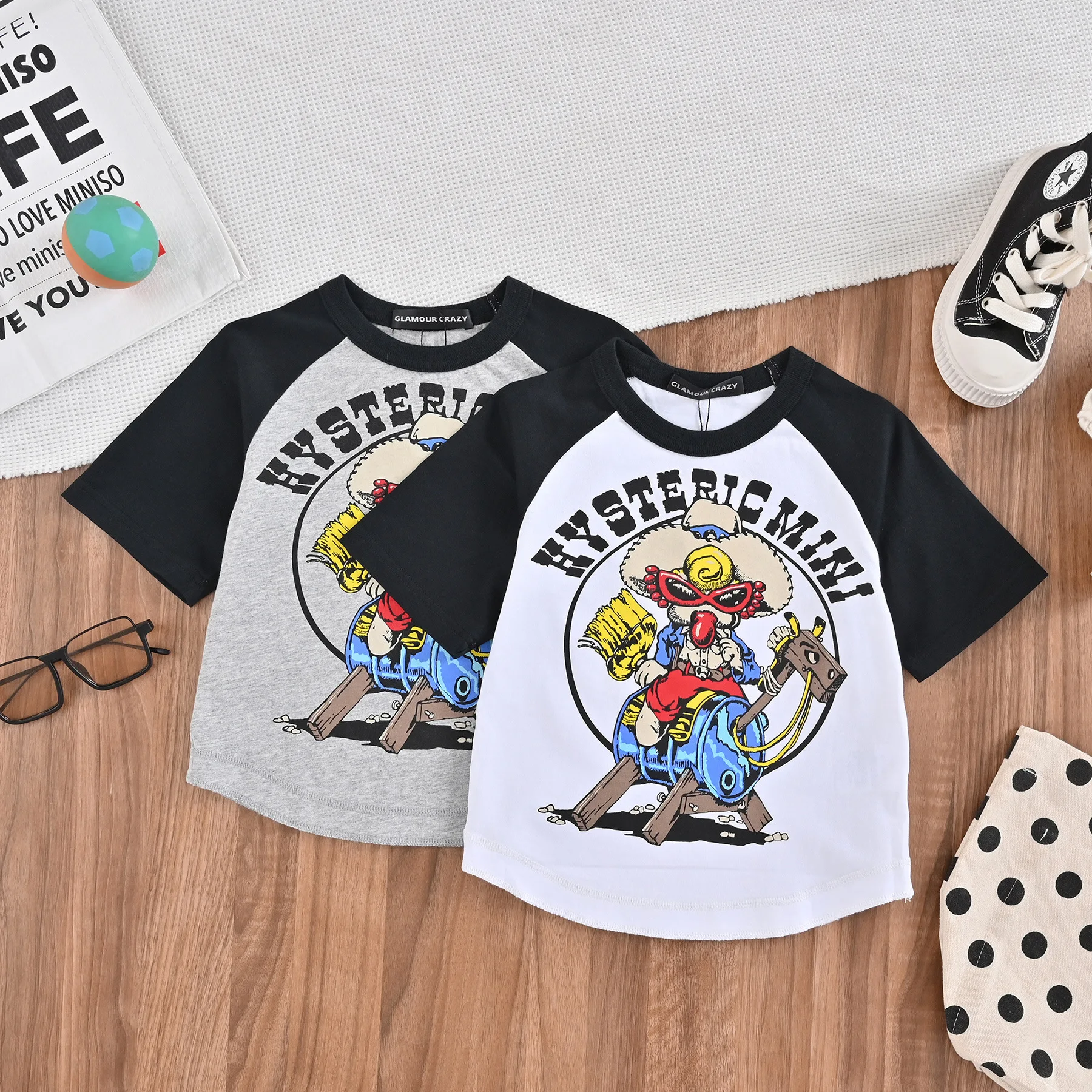 2025 Boys Girls Summer Tee HYSTERIC MINI Cartoon Print  T-shirt Two-tone sleeves  Cotton Children Summer Costum Tops