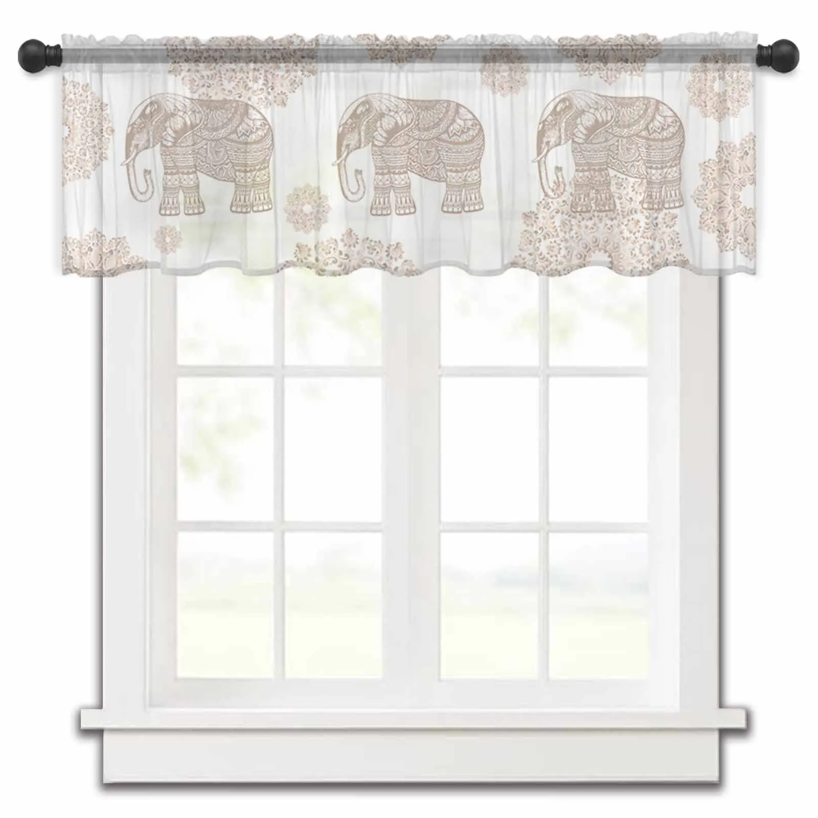 Bohemian Animal Elephant Pattern Kitchen Small Window Curtain Tulle Sheer Short Curtain Living Room Home Decor Voile Drapes