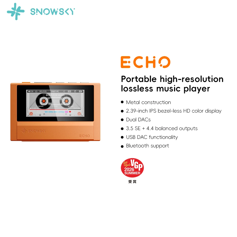 Przenośny odtwarzacz muzyczny FiiO ECHO 4G z Bluetoothem, podwójnym przetwornikiem DAC CS43198, złączami 3,5 mm i 4,4 mm, w stylu retro Walkman.