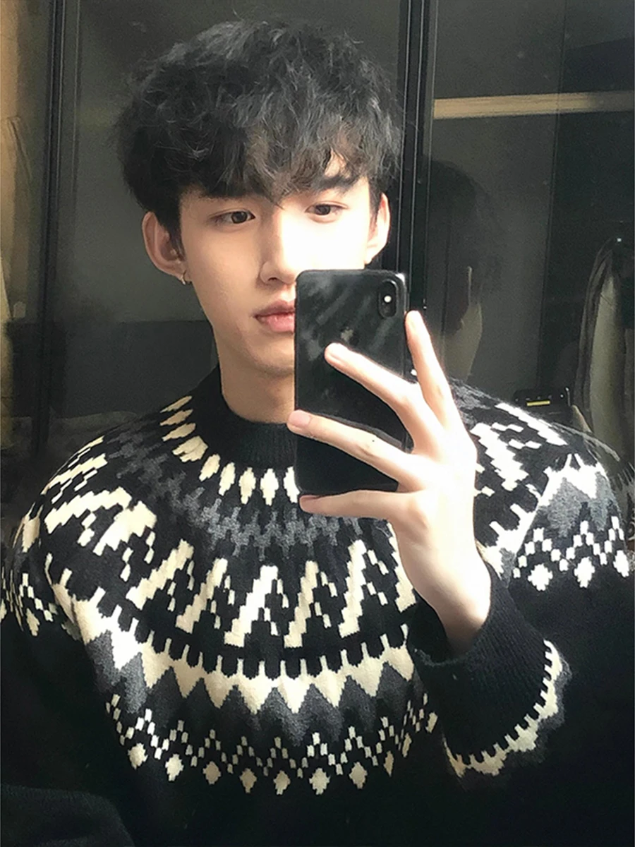 

Мужской зимний свитер Nordic Sle Fair Isle в стиле американского ретро, вязаный, повседневный, с круглым вырезом, базовый слой