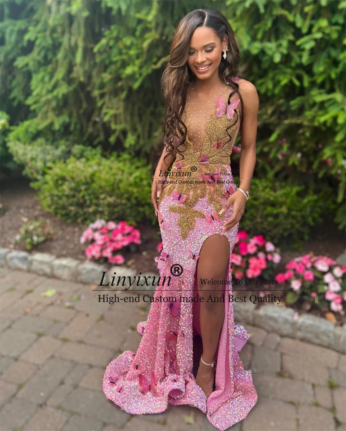 Luxury Diamonds Prom Dress Sparkly Rhinestone Crystal Butterfly Formal Evening Party Gown Black Girl Side Slit robes de soirée