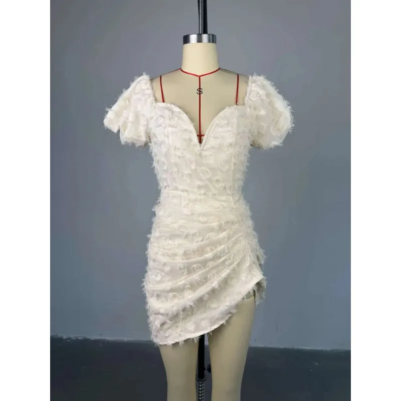 

Summer Women Lantern Short Sleeve Side Split Ruched Midi Mini Dress 2025 Fashion Sexy Night Club Party Dresses Vestidos