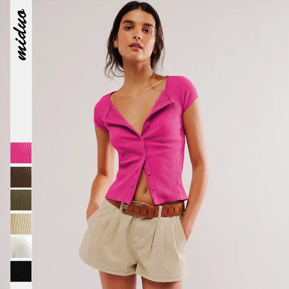 

Europe and the United States wind 2025 summer new sexy spice button short sleeve thread cardigan
