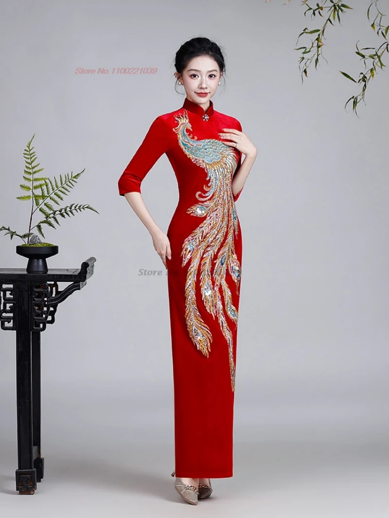 2026 chinese improved cheongsam traditional qipao dress national phoenix sequin velvet qipao retro banquet evening dress qipao