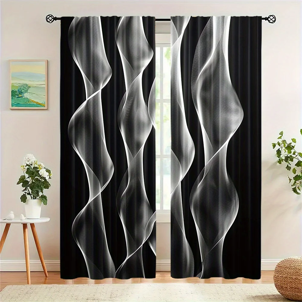 Elegant Geometric Wave Pattern 2-Piece Semi-Blackout Curtain Rod Pocket Polyester Woven Curtains for Bedroom Living Room Window