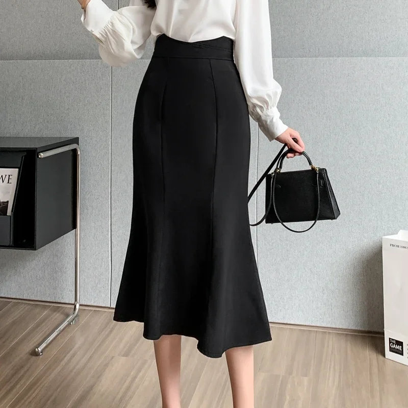 Elegant Office Long Skirts Women 2026 Winter Korean Fashion High Waist Falda Sexy Mujer Slim Y2k Clothes Flared Black Midi Skirt