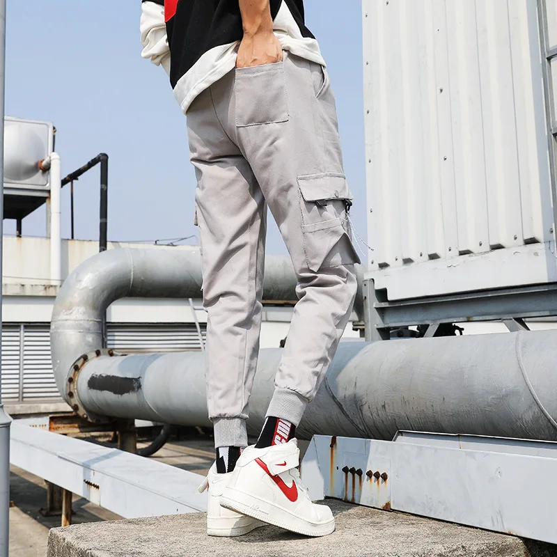

New street casual pants men's satin belt harem jogging pants men's slim fit spring work pants multi pocket men's pants