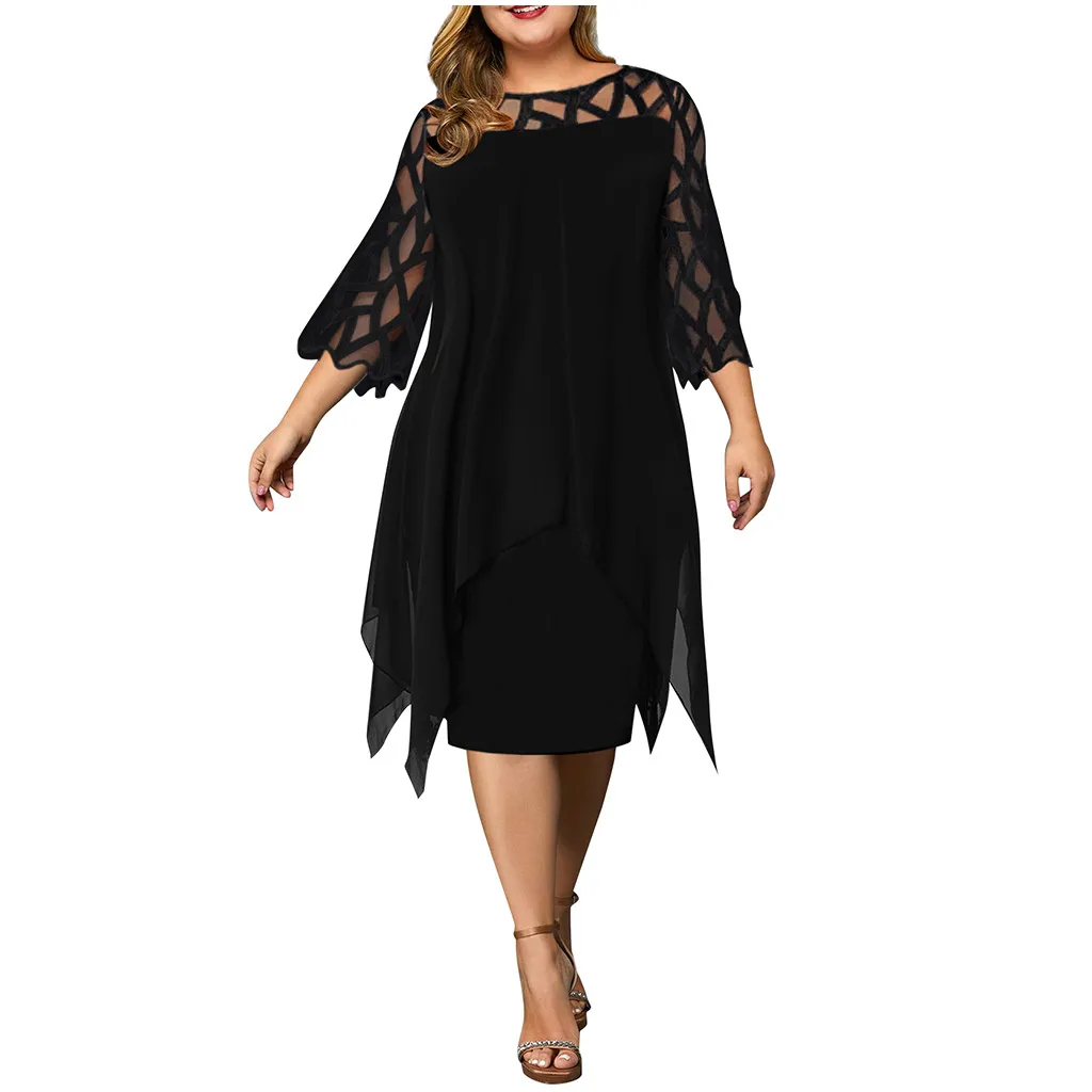 

Women'S Hollow Perspective Mesh Chiffon Double Layer Large Size Dress Black Sexy Waist Dress Lightweight Soft Dress Vestidos