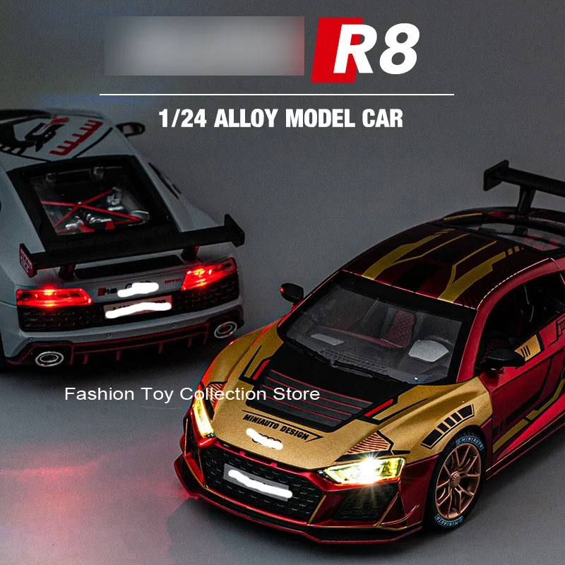 1: 24 AUID R8 Alloy Car Model High Simulation Diecasts Toy With Sound and Light Pull Back Vehicles Decoration Toy For Kids Gift