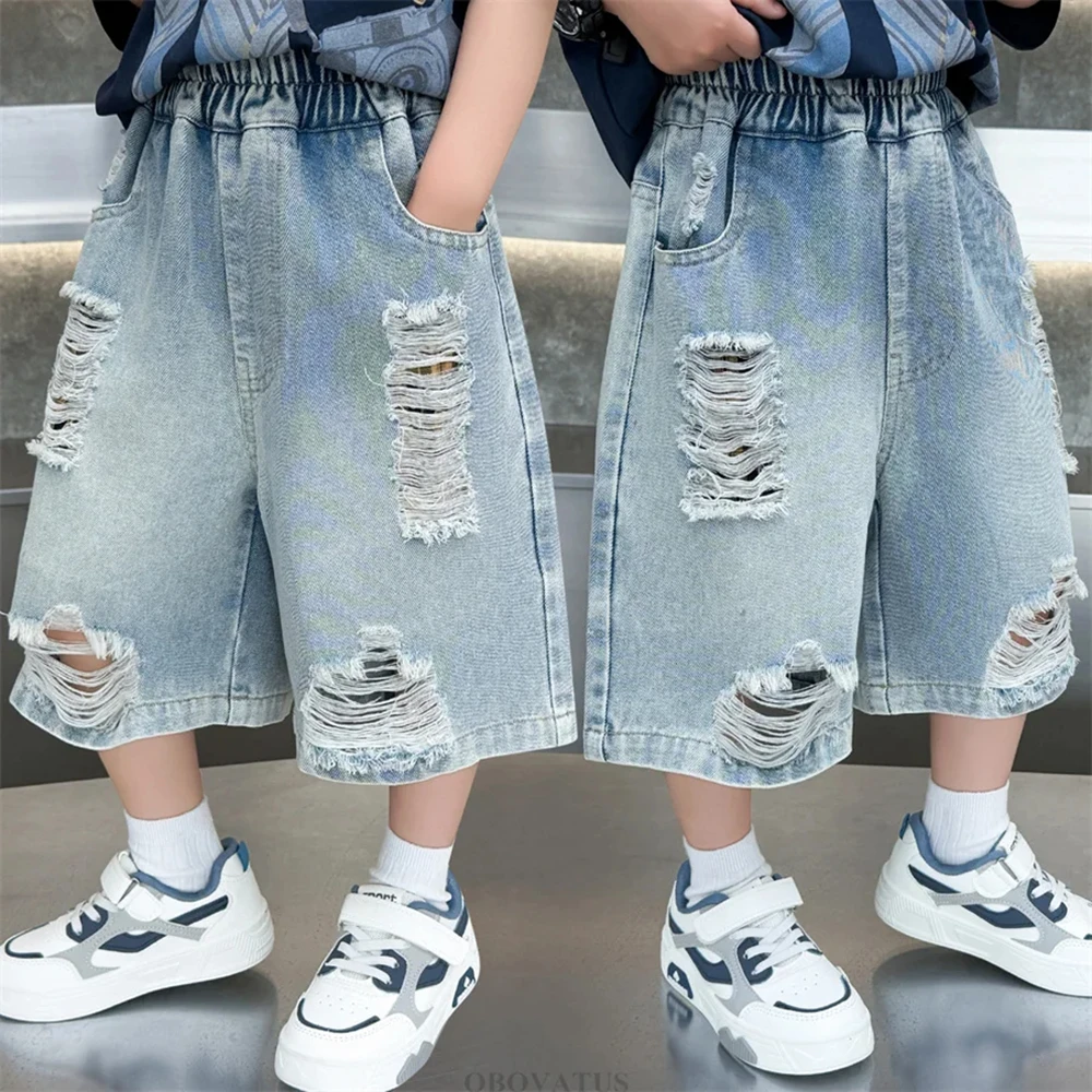 Classic Designer Kids Summer Ripped Denim Shorts with Holes for Tween Boys Casual Blue Knee Length Jeans Children Broken Shorts
