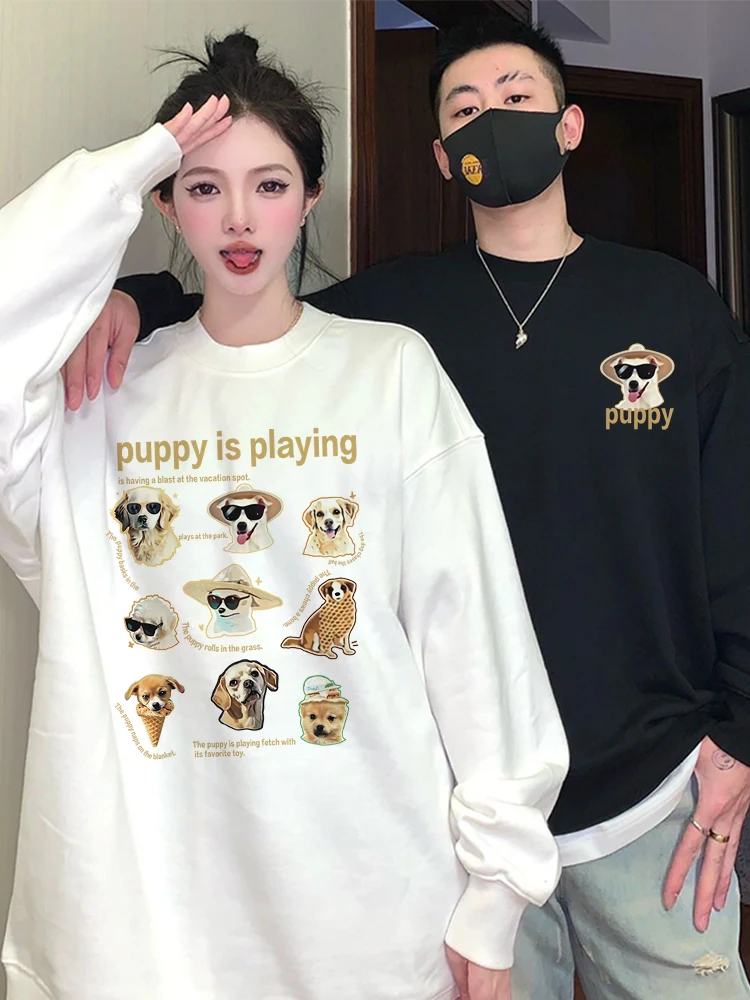 Hip-hop Sunglasses Puppy Pattern Couple Outfit Autumn and Winter Crew Neck Sweater 2024 New Loose Casual Clothes