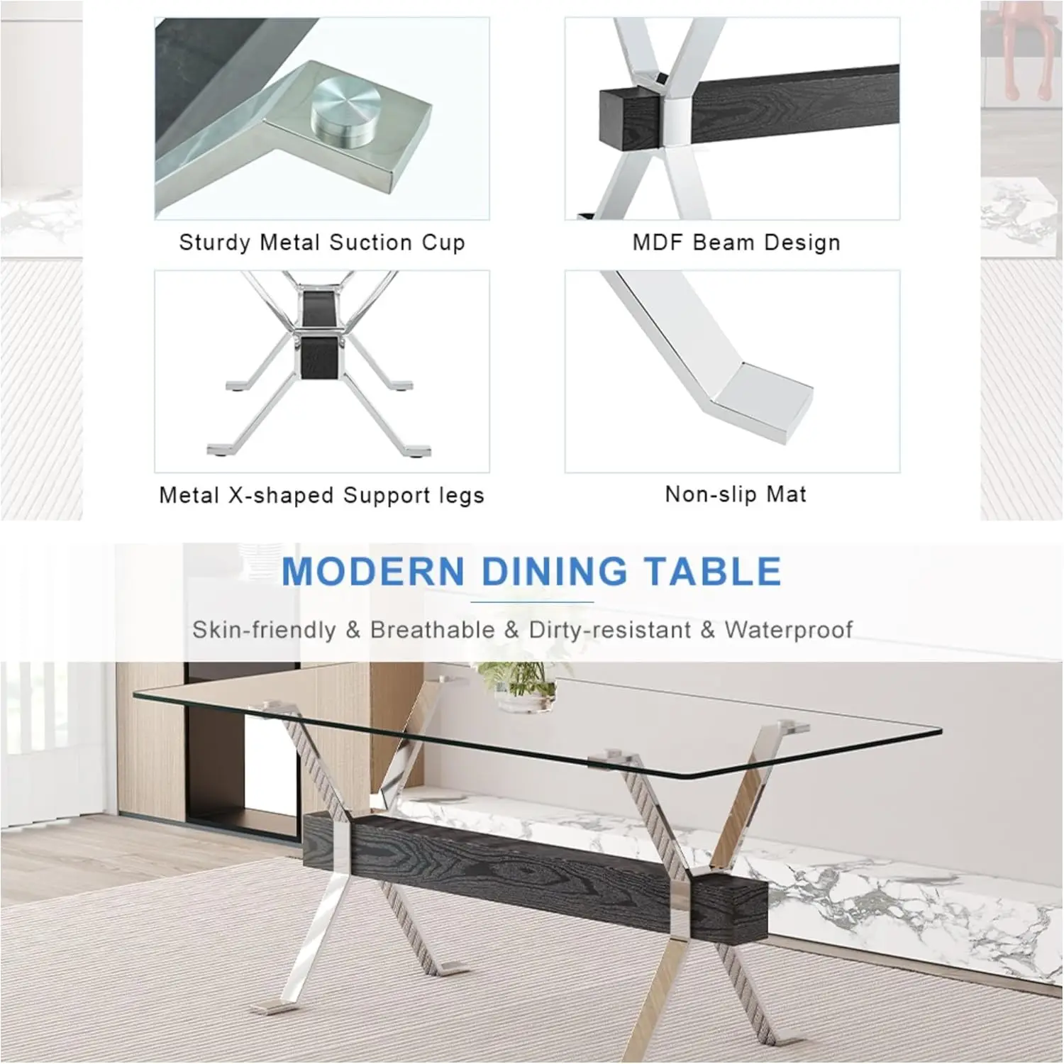 Large Dining Table, Modern Office Desk With Silver Plated Metal Legs & Black Mdf Crossbars, 71