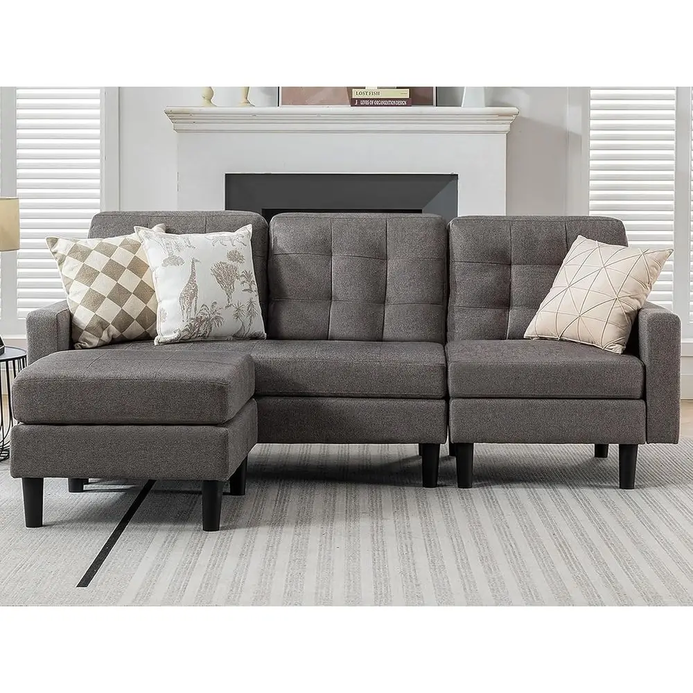 

Трансформируемый угловой диван-софа из льняной ткани, L-образный диван с откидным шезлонгом для гостиной/спальни/офиса, серый