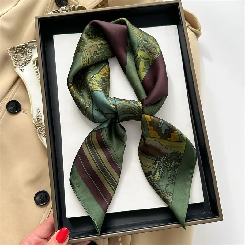 2024 Spring/Summer Retro Horse Print Neckerchief 70*70cm Green Square Scarf Women’s Breathable Imitation Silk Bandannas