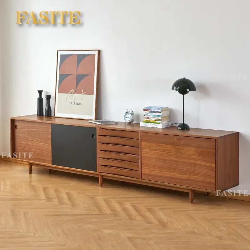 Solid Wood 2.6m TV Cabinet Medieval Sliding Door Teak Locker Imported Cherry Wood Audio Visual Cabinet