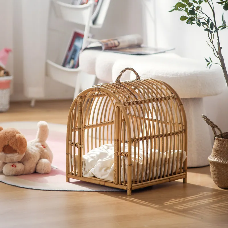Breathable Wicker Cat Nest Summer Pet Bed Indoor Semi-Enclosed Cat Shelter for Rabbits Small Puppy All Seasons Cozy House