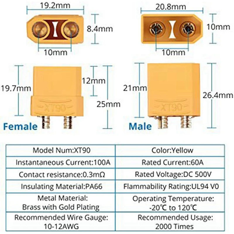 Xt90 Connector 5 Pairs Male Female Connector For High-Amp For RC Lipo Battery Gold Plated Banana Plug