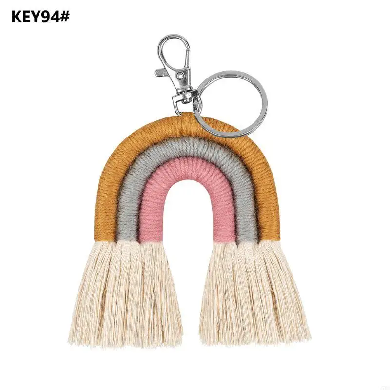 L5YF Đáng yêu Weaving Rainbow mặt dây chuyền Keyring cho Chuỗi Key Phụ nữ Tassel Macrame Keyrings Túi Túi Charm Xe đồ trang