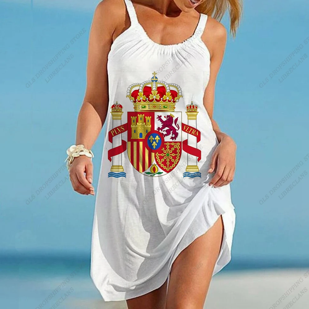 Spain Flag Dress Sleeveless Casual Summer Strap Beach Dress Bohemian Party Evening Dresses Midi Elegant Espain Sundress Girl Hem