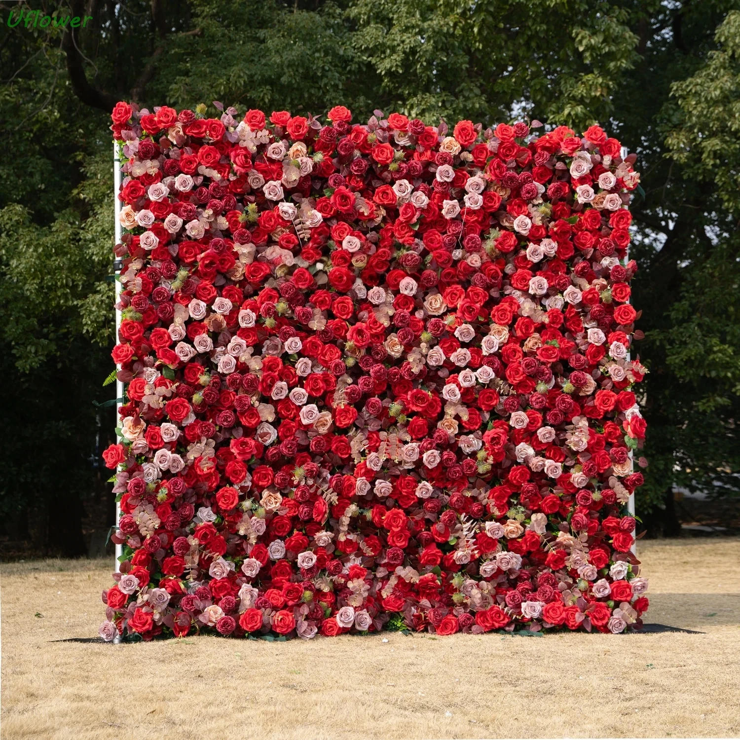 

Uflower Red Rose Flower Wall Roll-Up Hanging Fabric Backdrop for Wedding Event Party Decorations Artificial Floral Curtain