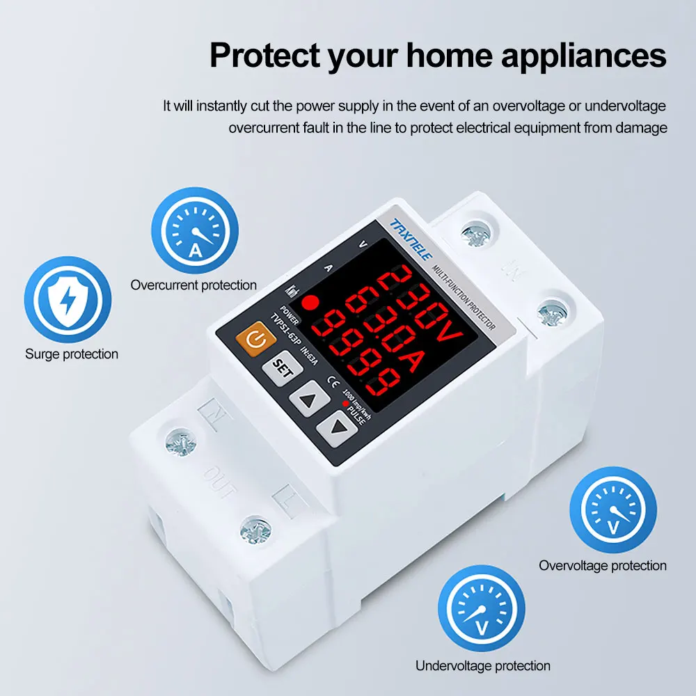 AC Current Protector 230V 63A Intelligent Single Phase Adjustable OverVoltage Under-Voltage Current Protective Device