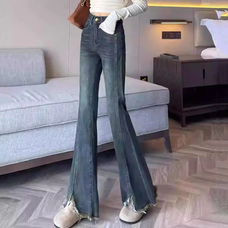 Retro Blue High Waist Flare Pants for Women Summer New Rough Edge Slim Long Jeans Ladies Fashion Pocket Decor Full Denim Pants