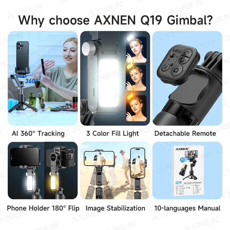 AXNEN Q19 AI Desktop Gimbal Estabilizador 360 Rotação Auto Face Tracking Celular Portátil Anti-shake Selfie com Luz de Preenchimento