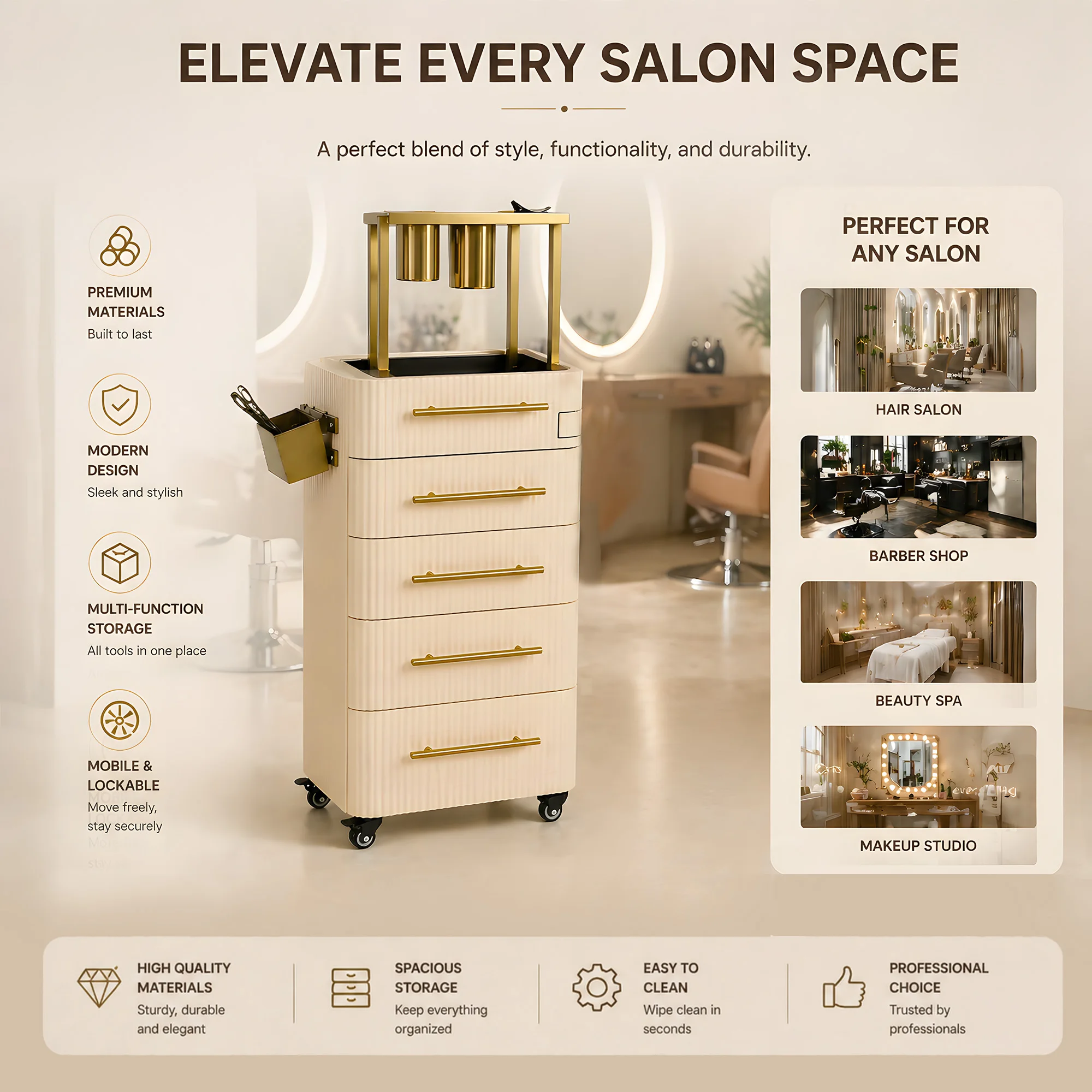Modern Wooden 5 Drawers Tool Cabinet Salon Trolley Mobile Beauty Storage Cart Luxury Rolling Hairdressing Organizer for Barber