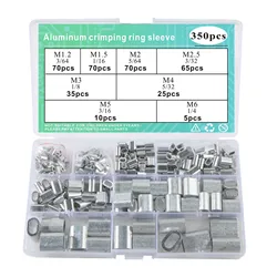 350Pcs 8 크기 알루미늄 압착 루프 슬리브 와이어 로프 및 케이블 라인 엔드 구색 키트 용 단일 구멍 페럴-M1.2-M6